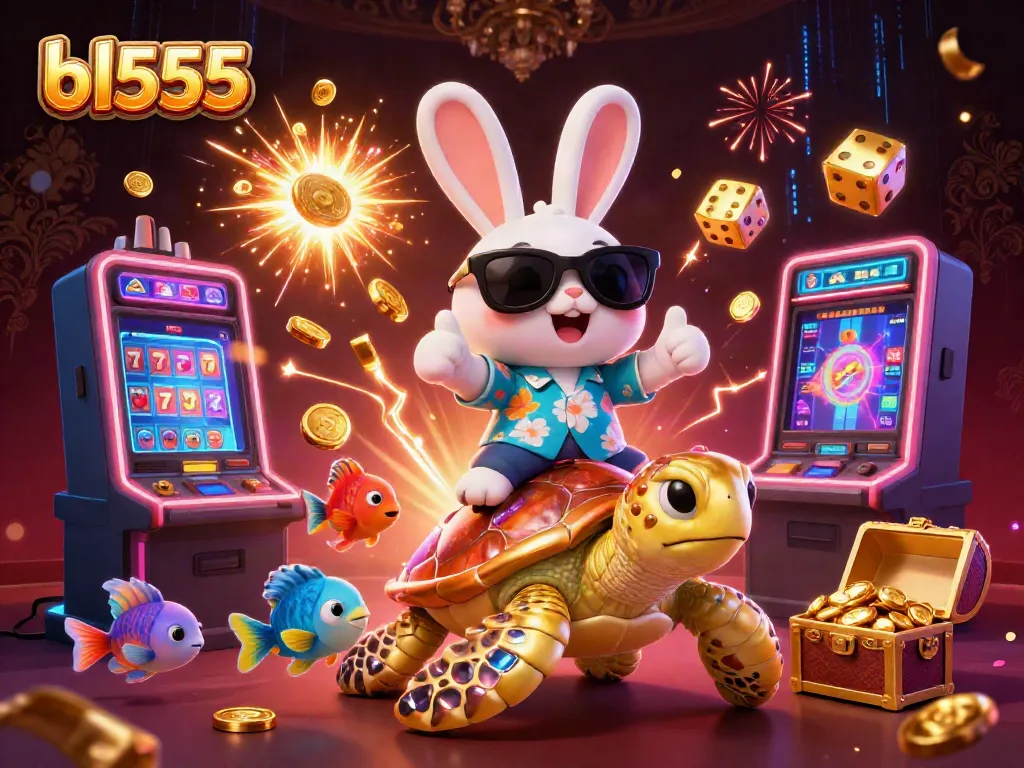 Experience the excitement at bl555 with a lucky rabbit and golden sea turtle amid vibrant casino elements.