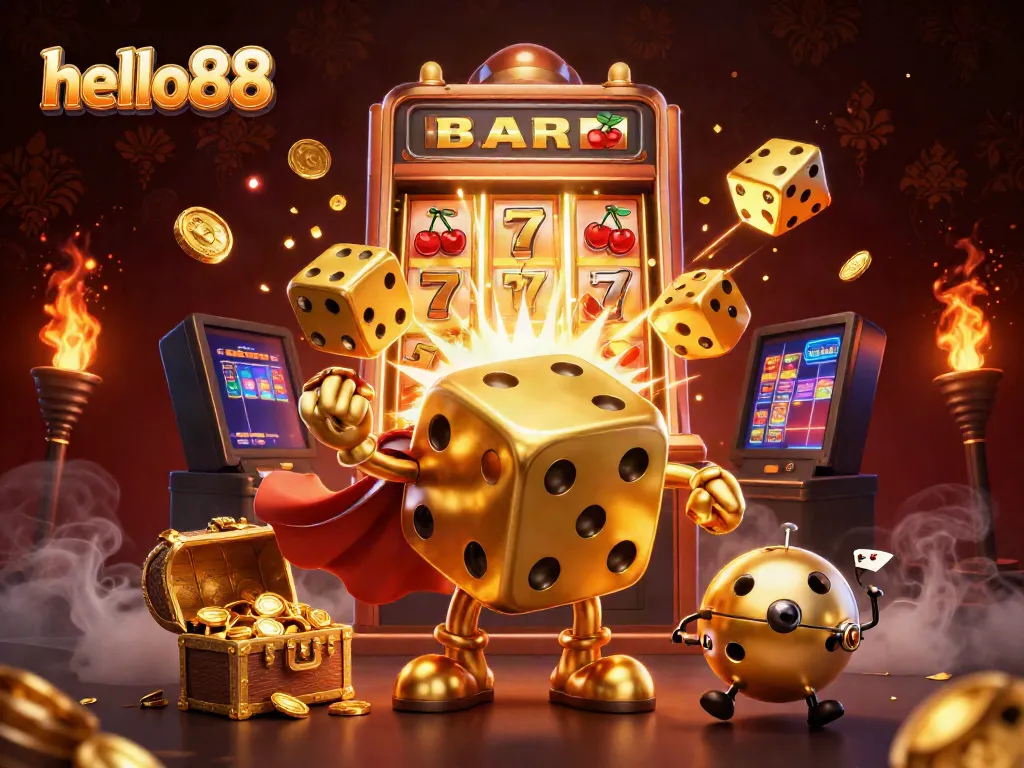 Engage with the excitement of hello88's vibrant casino world through this dynamic 3D illustration.