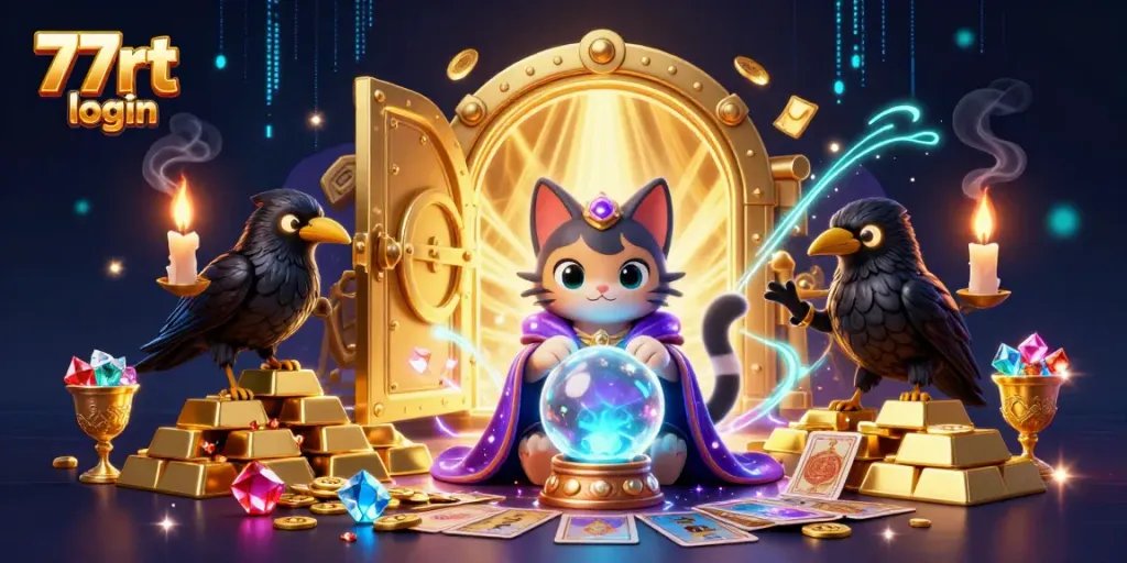 Experience the magic of 77rt login with a mystical cat and raven in a vibrant casino setting.