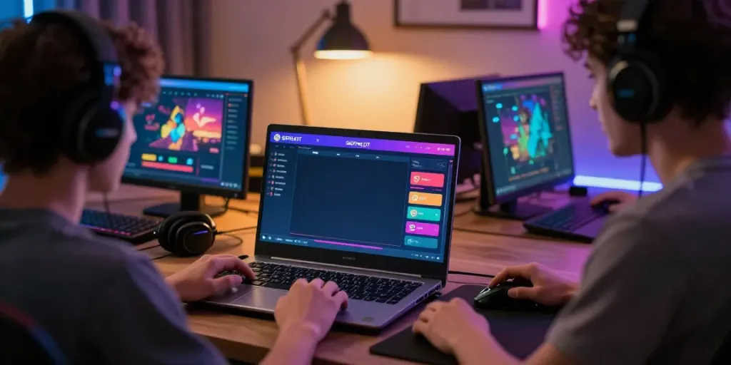 Engaging user on SGPSLOT platform with colorful Togel graphics in cozy gaming setup