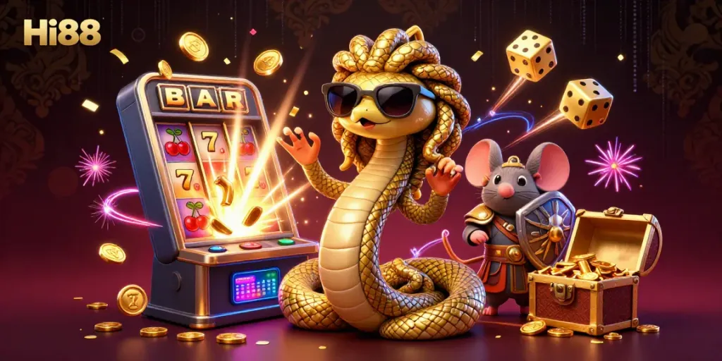 Experience a winning moment at Hi88 with Medusa and the warrior mouse amidst jackpot excitement.