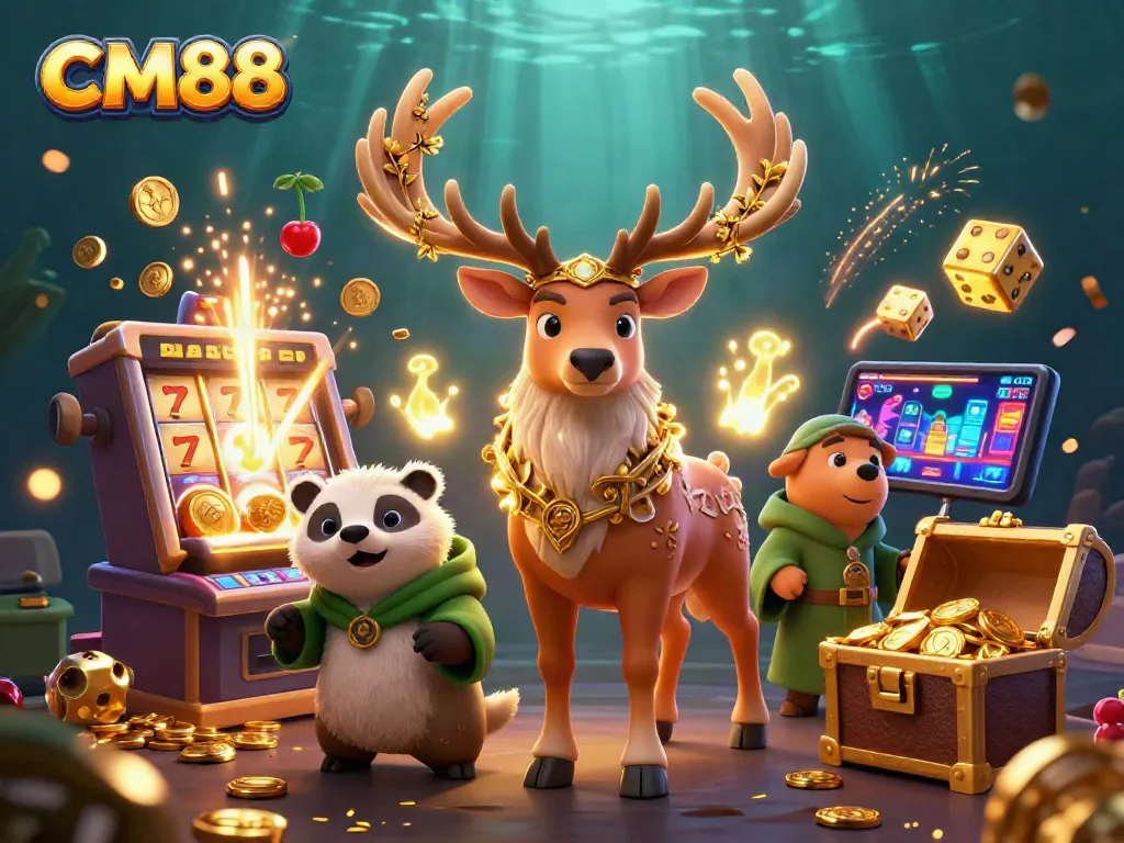 Win big at CM88 with a vibrant 3D casino illustration featuring rich gameplay elements.