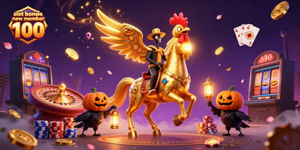 Engage with slot bonus new member 100 in a vibrant casino scene filled with gold and gems.