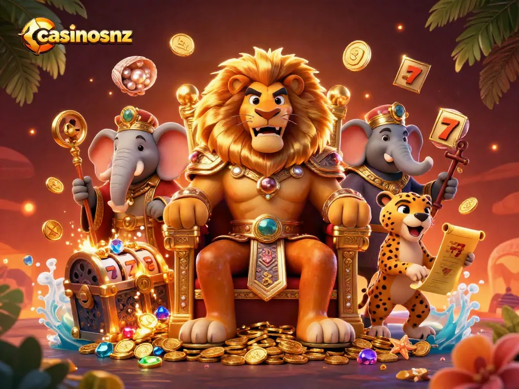 Experience excitement at casinosnz with a vibrant scene featuring a regal lion king and dynamic slot elements.