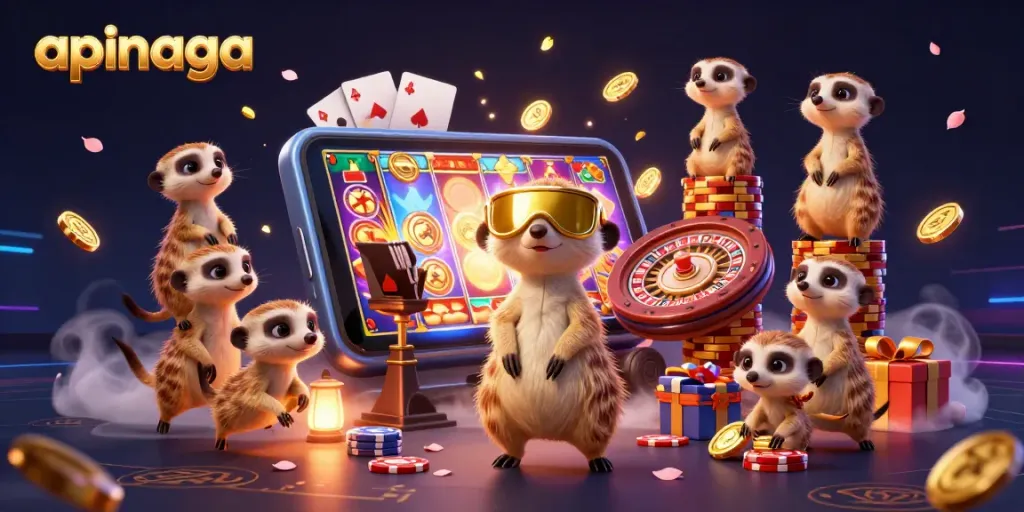 Experience the thrill of apinaga with meerkats running a vibrant casino operation, showcasing dynamic gaming elements.