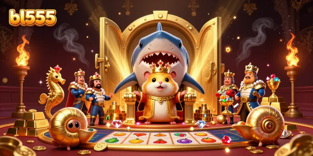 Play exciting games at bl555 casino featuring a hamster king and treasure galore in this vibrant scene.