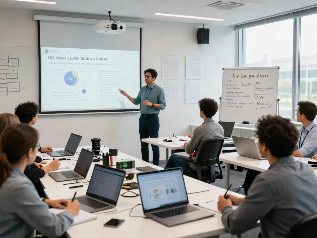 ISO 9001 Lead Auditor Course training session with professionals engaged in collaborative learning.