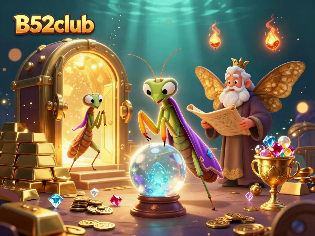 Engage in the enchanting world of B52club with a vibrant illustration of fortune tellers and treasures.