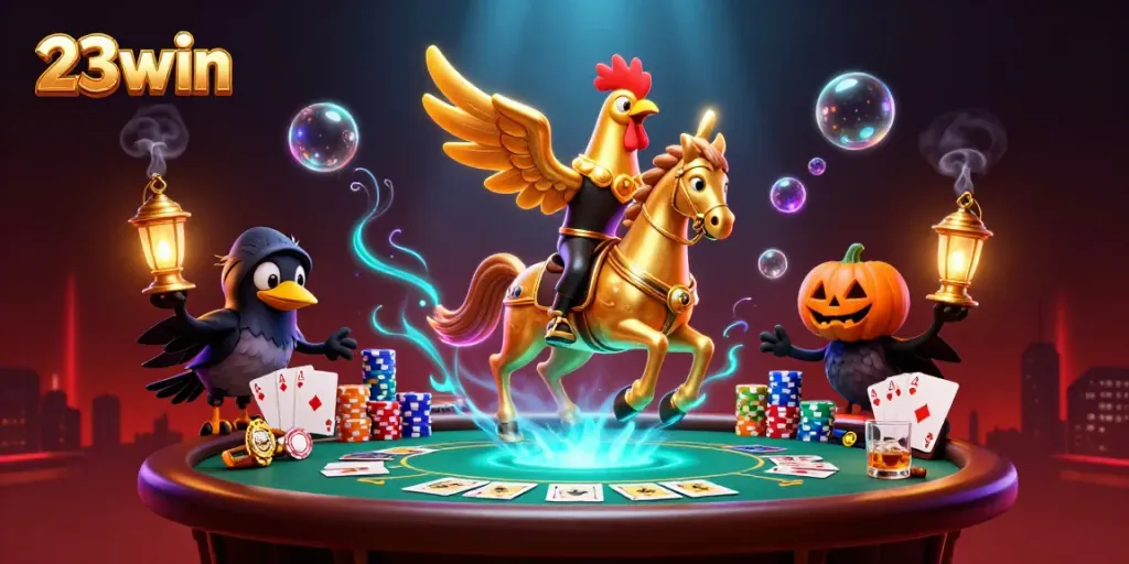 Witness an exciting moment at 23win's casino with golden rooster and crows amidst colorful poker action.