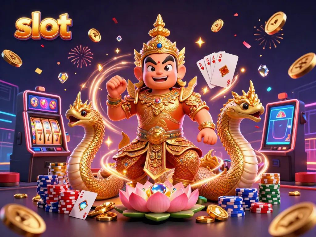 Experience vibrant slot gaming with a guardian and Naga in a casino-themed 3D illustration.