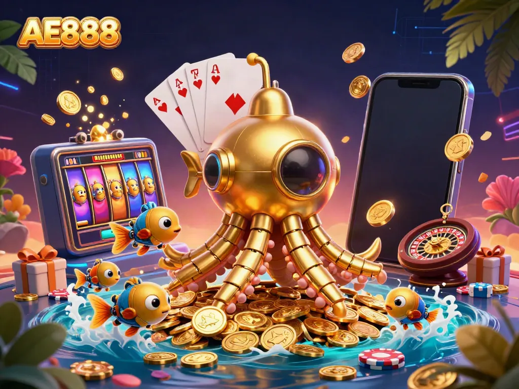 Experience thrilling AE888 gameplay with a dynamic kraken submarine amidst a cascade of golden coins.