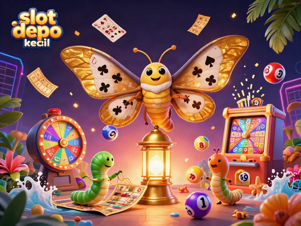 Engage in slot depo kecil action with vibrant lottery elements and a majestic atlas moth illustration.