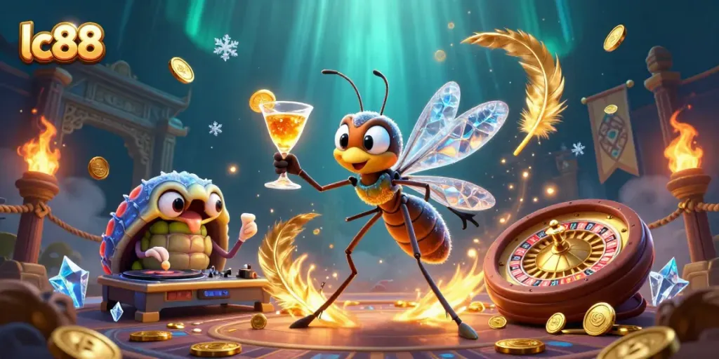 Experience thrilling casino action at lc88 with cartoon characters celebrating winnings around a vibrant roulette.