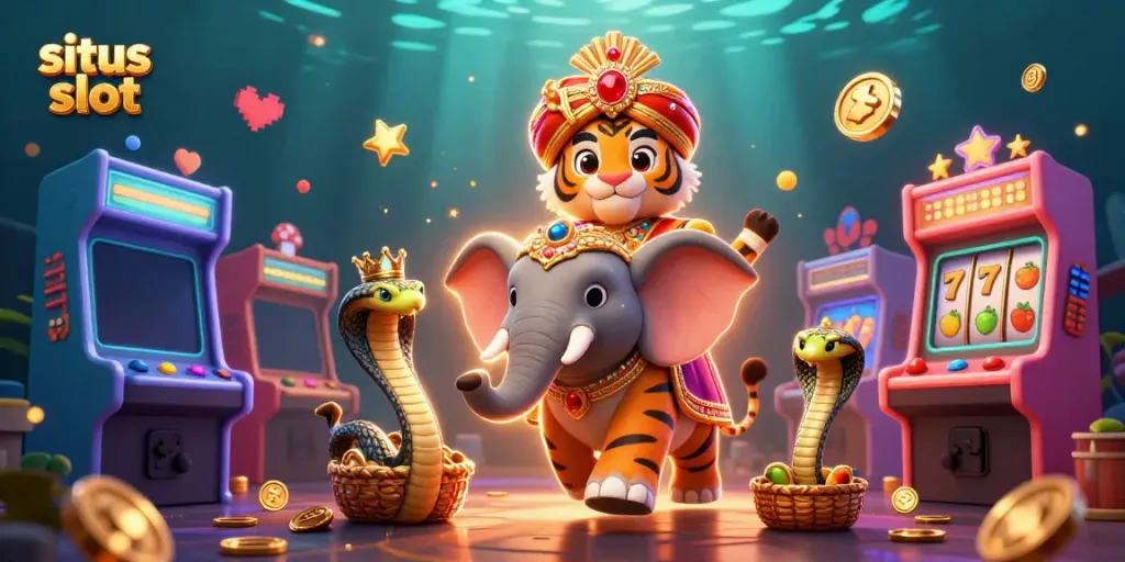 Menggali pilihan situs slot online dengan karakter kartun Singa Maharaja menunggang gajah permata, di antara mesin slot cerah.