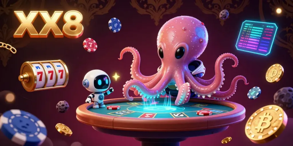 Engage in thrilling gambling with XX8, featuring an alien octopus at a holographic poker table with vibrant coin elements.