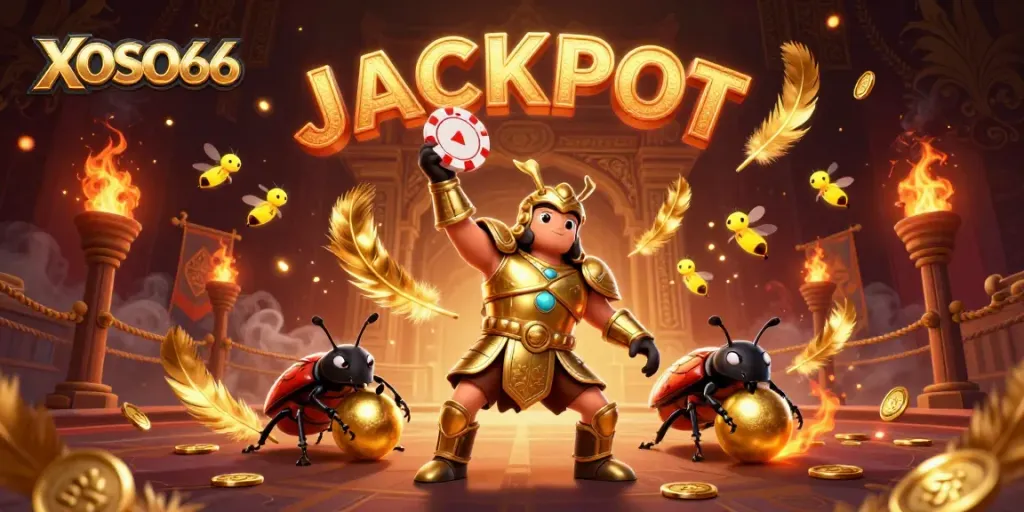 XOSO66 beetle celebrating a casino jackpot with vibrant symbols and rich gaming elements.