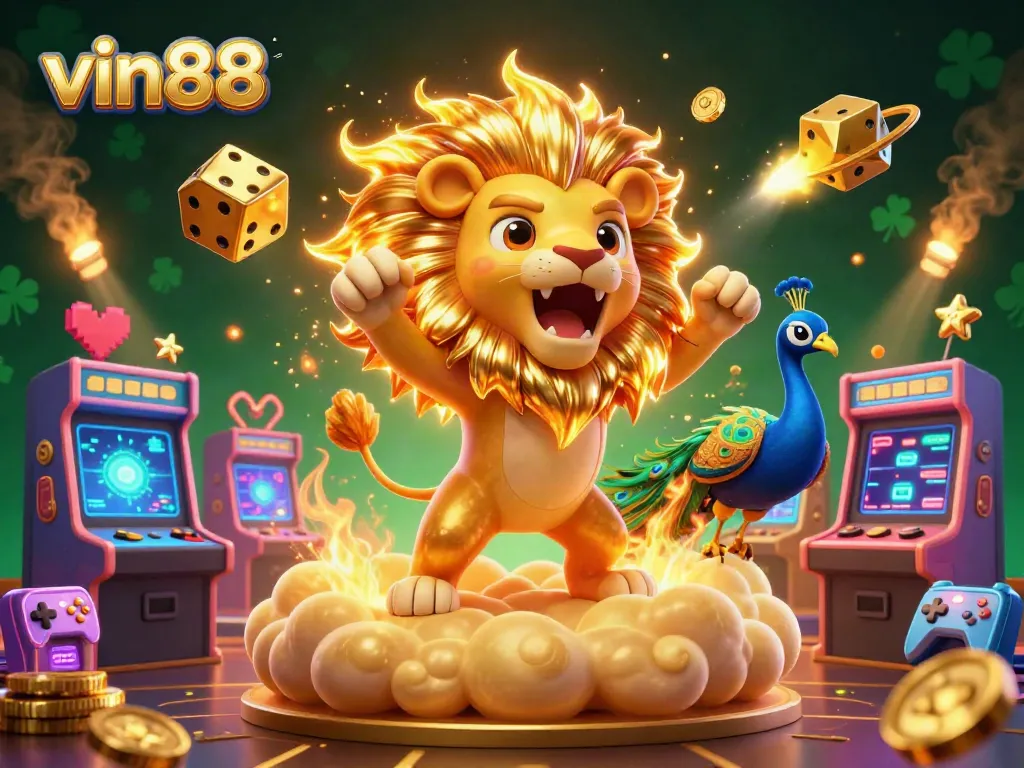 Experience the excitement of vin88 with a dynamic casino scene featuring a roaring sun lion and vibrant game elements.