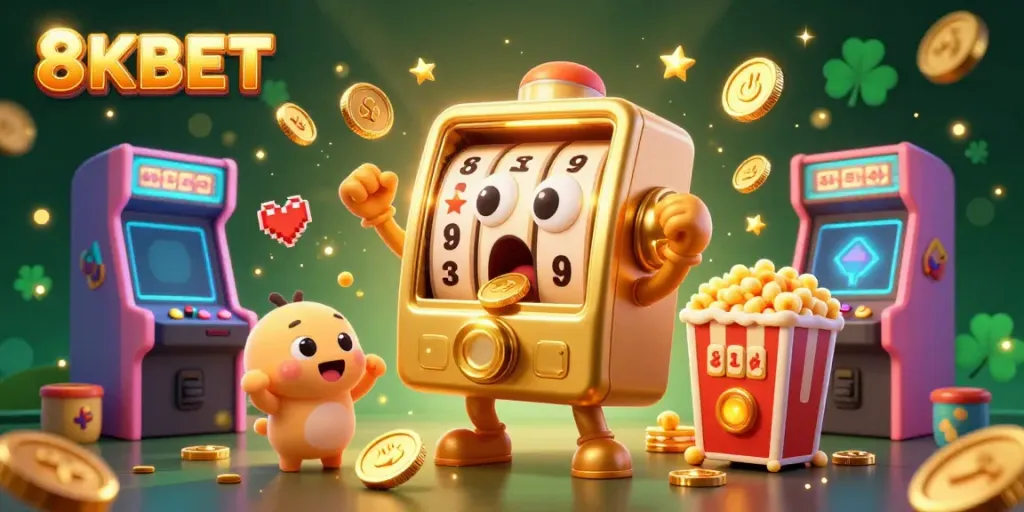 8KBET slot machine celebrates a jackpot with cheering baby slots, featuring gold coins and festive visuals.