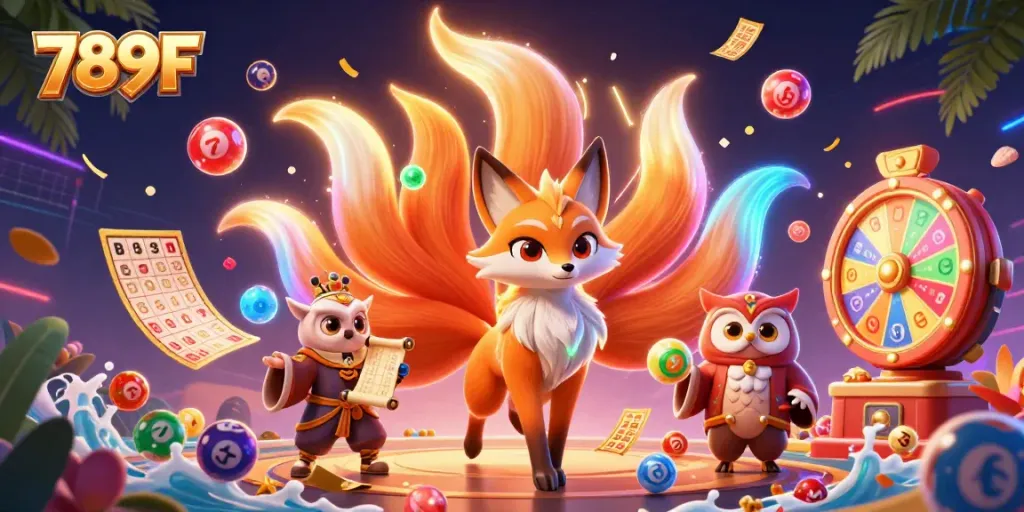 Engaging 789F game illustration featuring a colorful casino scene with a nine-tailed fox and owl, capturing the excitement of online gambling.