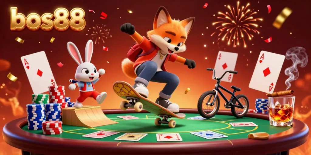 Engage with the dynamic atmosphere of bos88, featuring a cartoon fox performing tricks over poker chips amidst a vibrant casino scene.