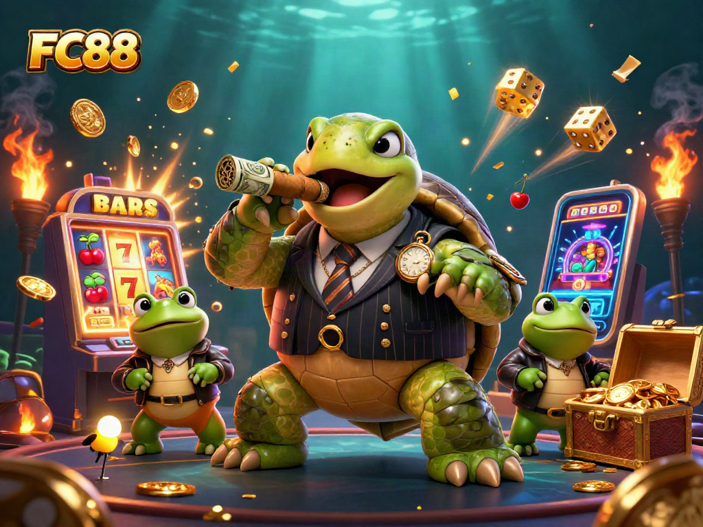 Experience winning moments with FC88's vibrant slot machine burst and energetic casino atmosphere.