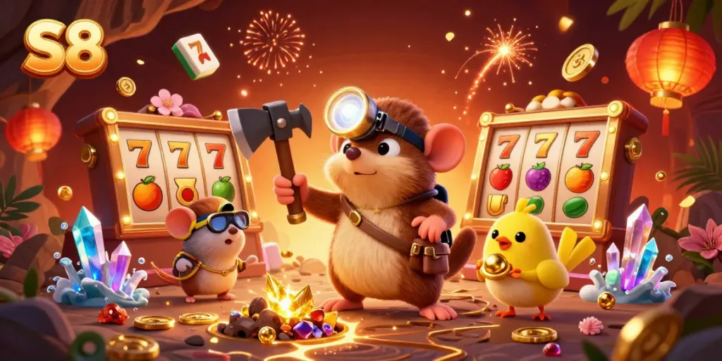 Experience the excitement of S8 with a vibrant scene featuring a treasure hunter mole amidst slot reels and sparkling gems.