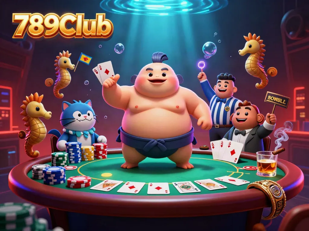 Experience thrilling 789Club gaming with a vibrant underwater casino scene featuring fugu, catfish referee, and poker elements.