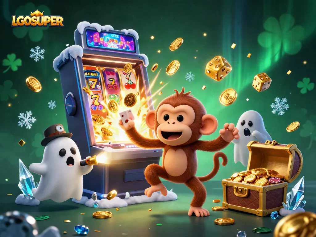Join the fun at LGOSUPER with a playful ghost monkey showcasing casino treasures and excitement!