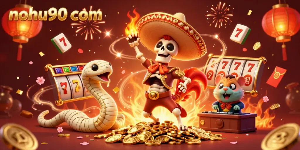 Celebrate big wins at nohu90 com with festive 3D casino characters on golden coins