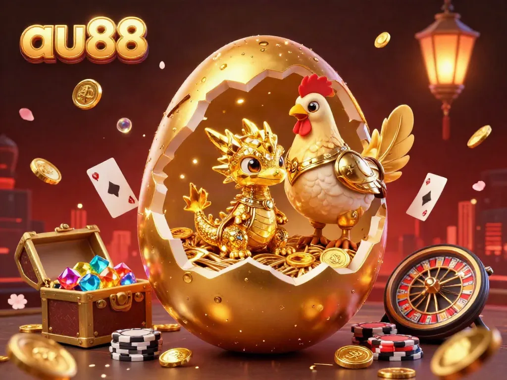 Experience the thrill of winning at au88 with a dynamic scene featuring a golden dragon nestled in poker chips and a roulette wheel.